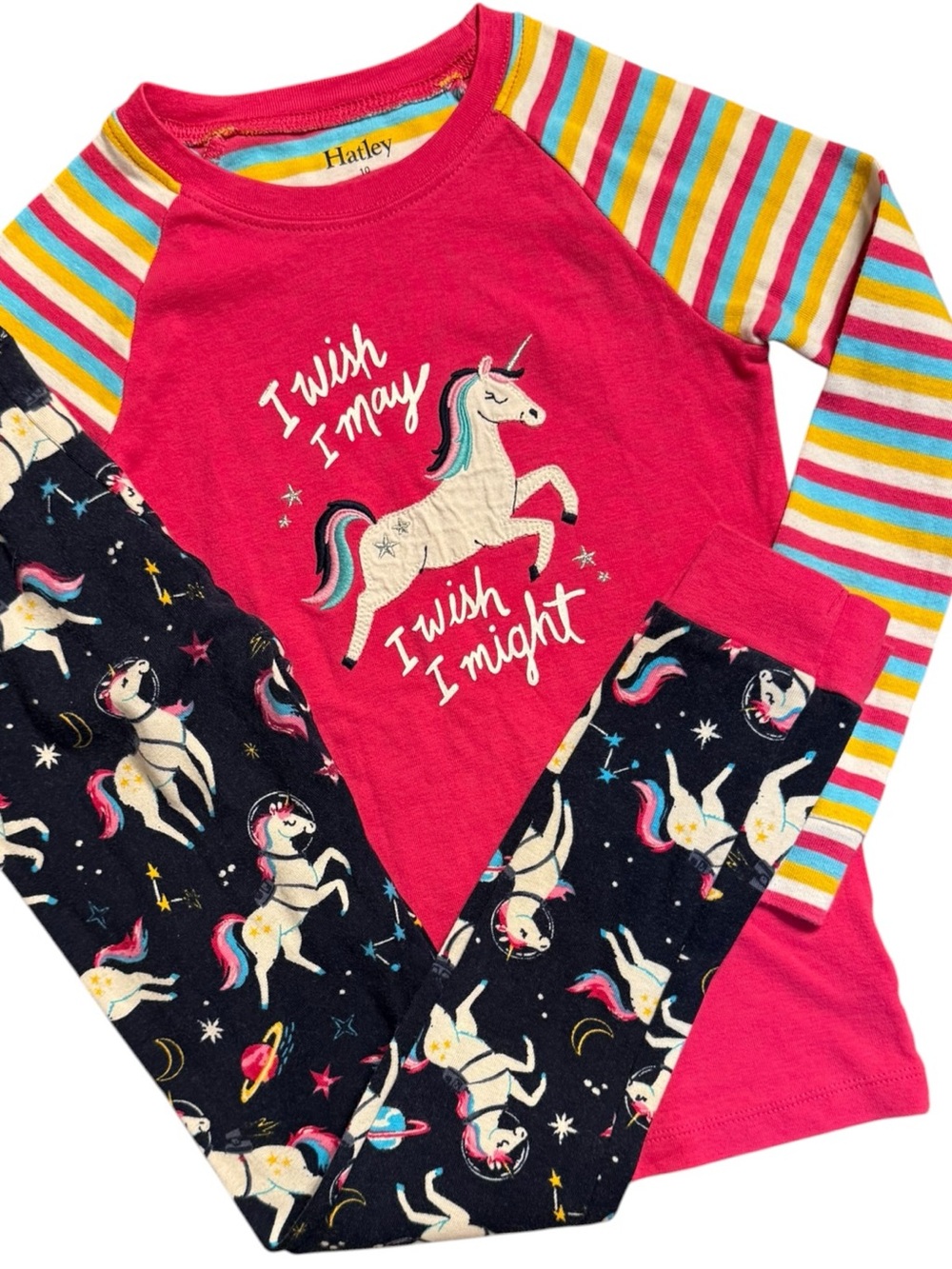 Hatley Unicorn Pajama Set Girls Size 10 Pink Rainbow Space Cotton PJs